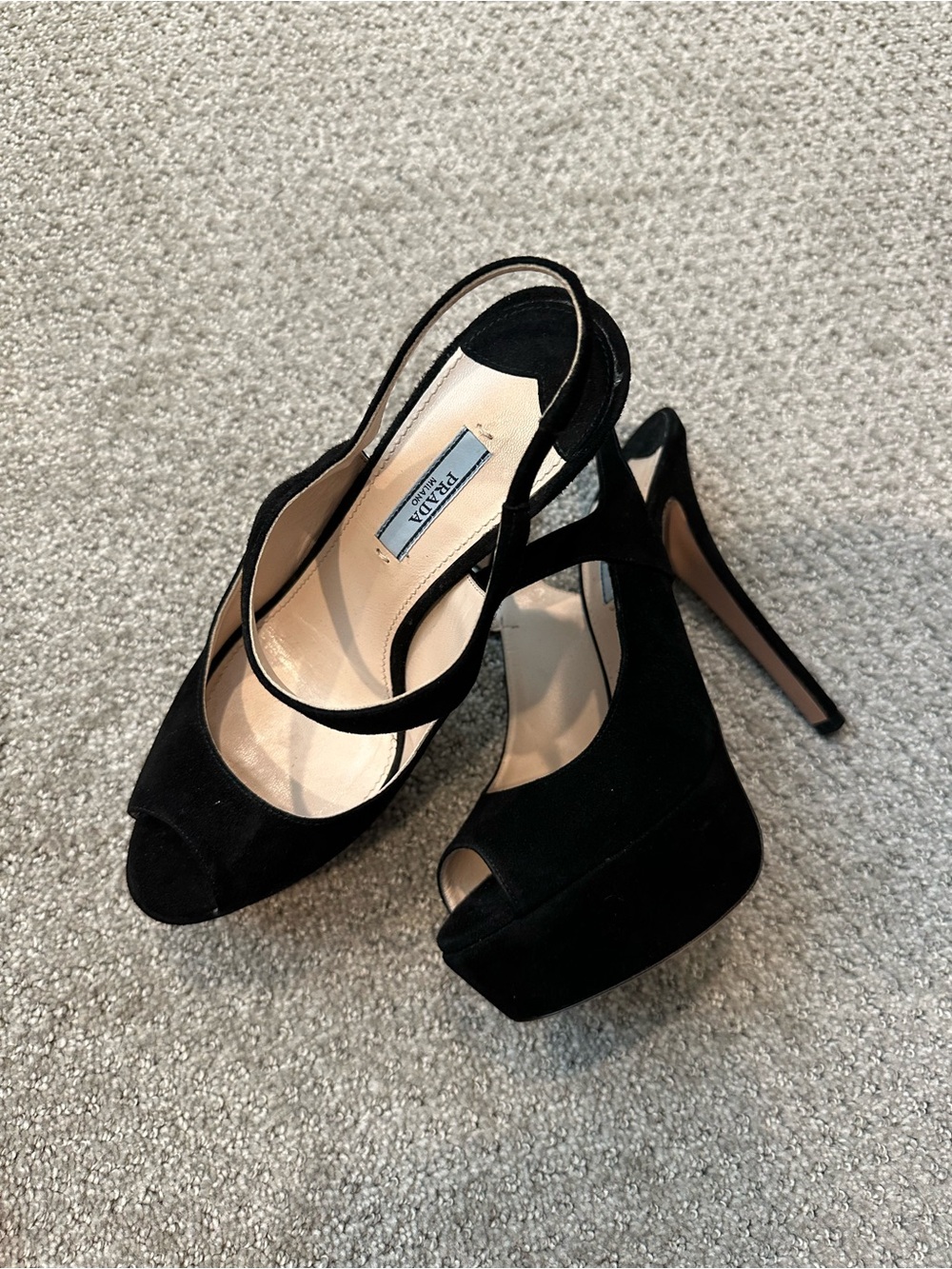 Prada Black Suede Platform Peep-Toe Slingbacks